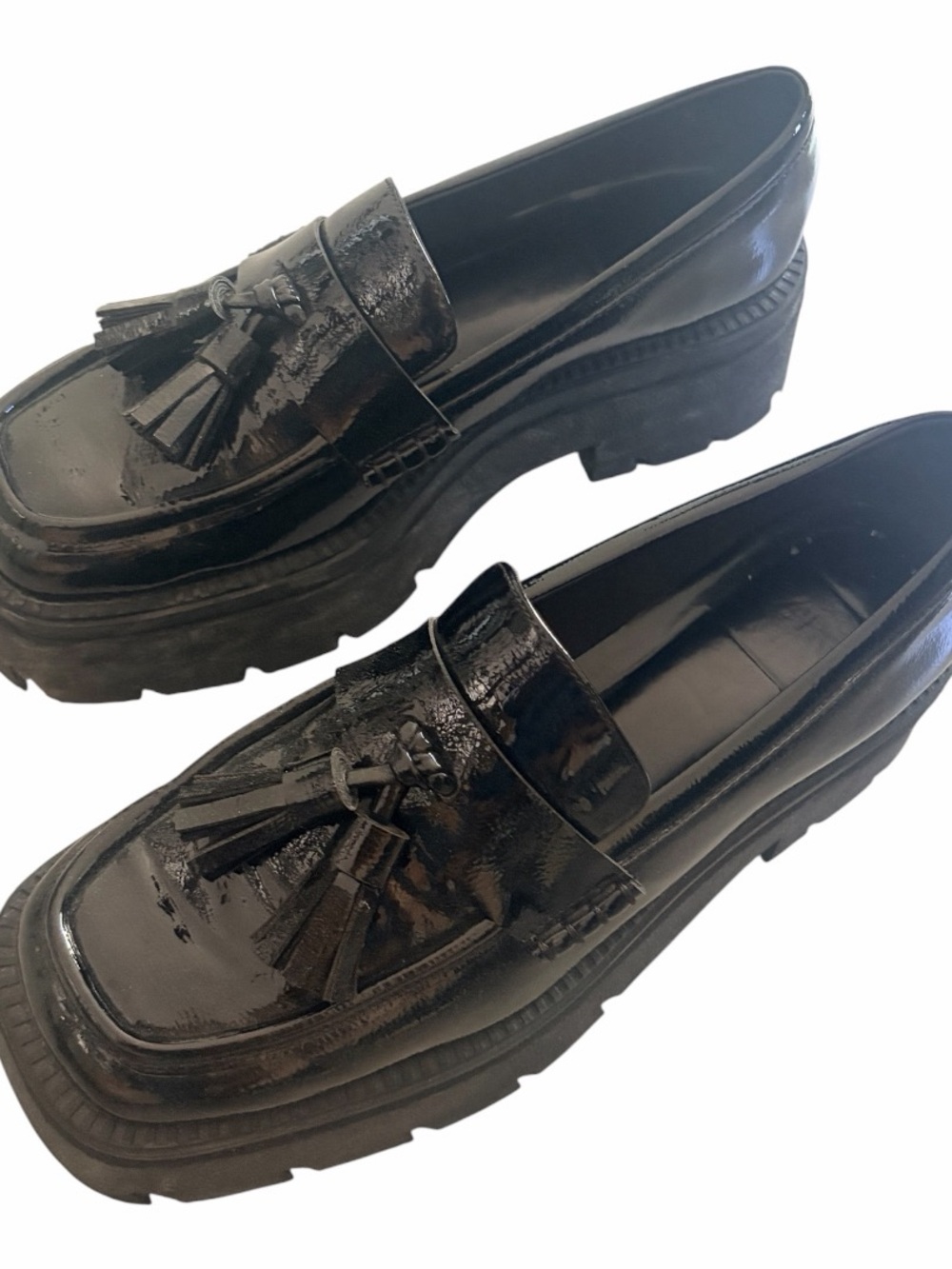 Zara Black Patent Tassel Chunky Loafers